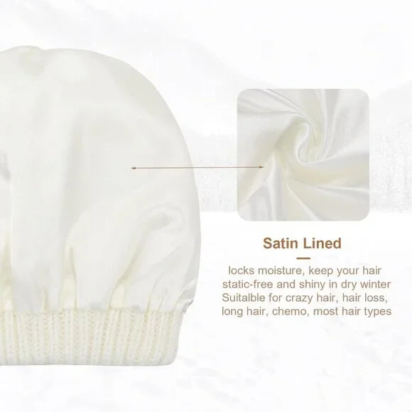 Satin Lined Knit Beanie Hats for Women Men Thick Warm Unisex Slouchy Winter Cap - Picture 6 of 6